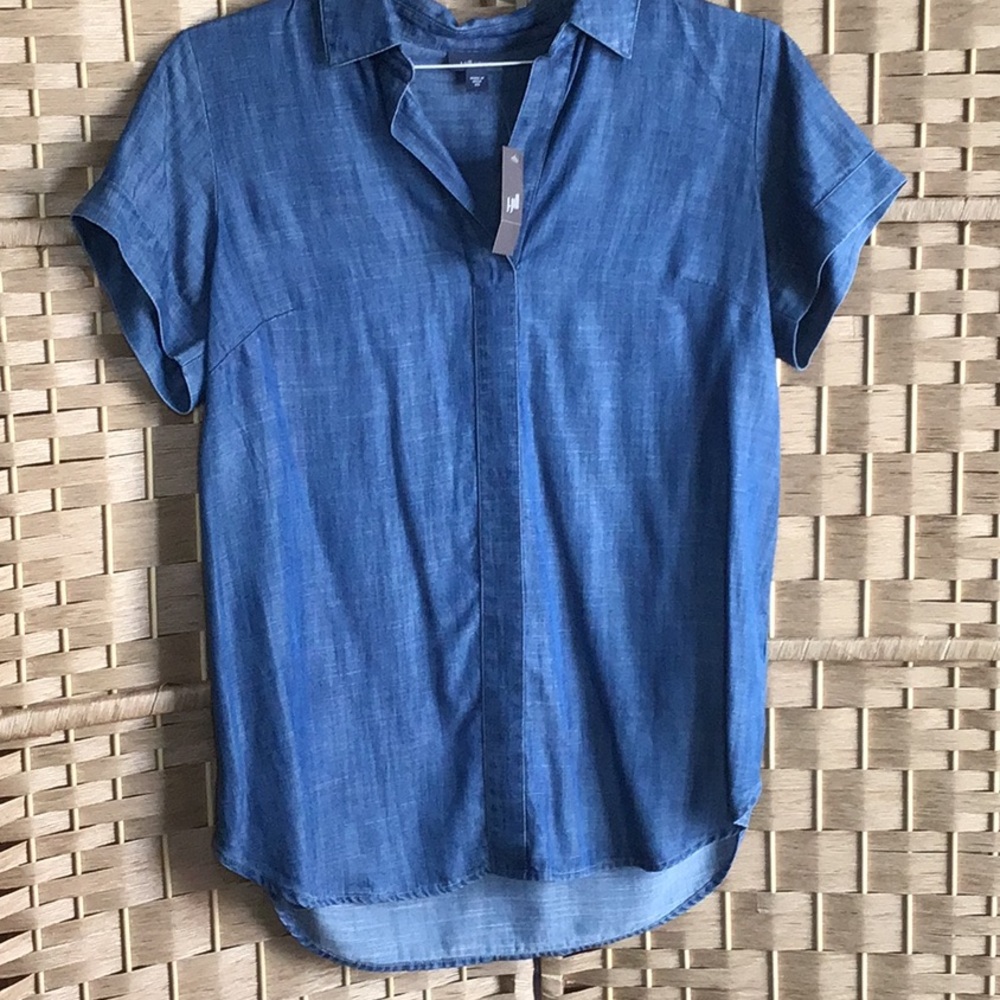 J. Jill Blue Casual Button Down Shirt with V-Neck
